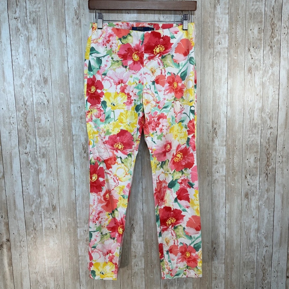 Polo Ralph‎ Lauren Floral Pants Size 2 Tropical Print Red Yellow Hibiscus flower